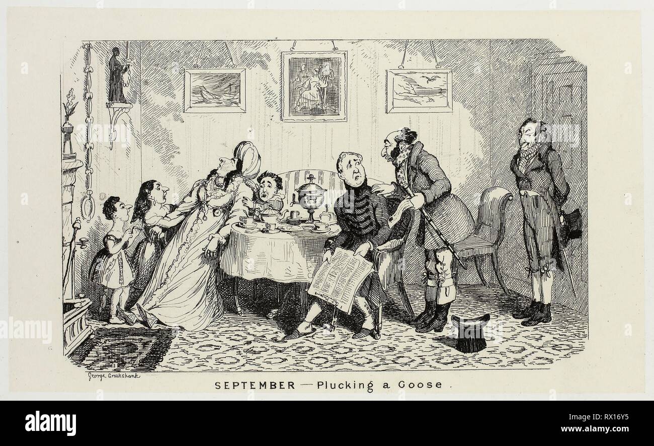 September - Zupfen eine Gans von George Cruikshank Stahl Radierungen auf den Comic Almanacks: 1835-1853. George Cruikshank (Englisch, 1792-1878); von Pickering & Amp; Chatto (Englisch, 19. Jahrhundert). Datum: 1839. Abmessungen: 94 × 156 mm (Primary Support); 222 × 284 mm (sekundäre) unterstützen. Stahl ätzen in Schwarz auf Creme Indien Papier, legte sich auf Off-white Card (chine collé). Herkunft: England. Museum: Das Chicago Art Institute. Stockfoto