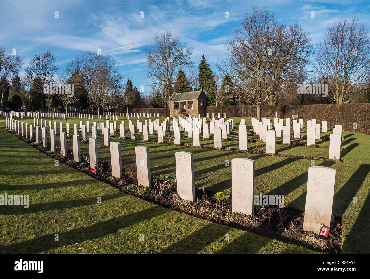 Stonegate WWII CWGC Soldatenfriedhof in Harrogate in North Yorkshire, die Bomber Command aircrew aus Großbritannien, Kanada und Neuseeland gedacht. Stockfoto