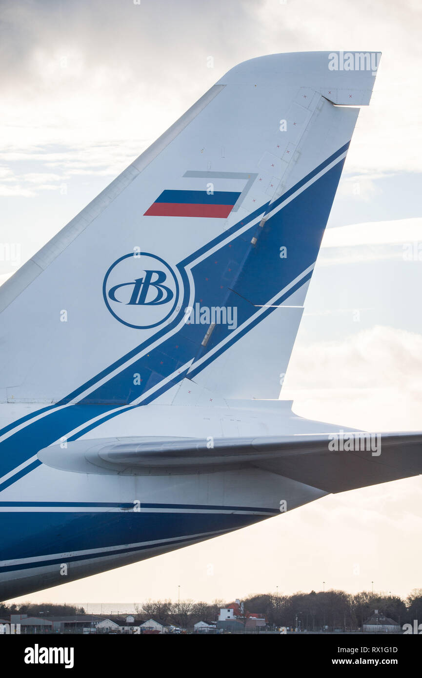 Prestwick, Großbritannien. März 2019. Der russische Riese, bekannt als Antanov 124-100 Commercial Transport Aircraft gesehen am Prestwick International Airport. Stockfoto