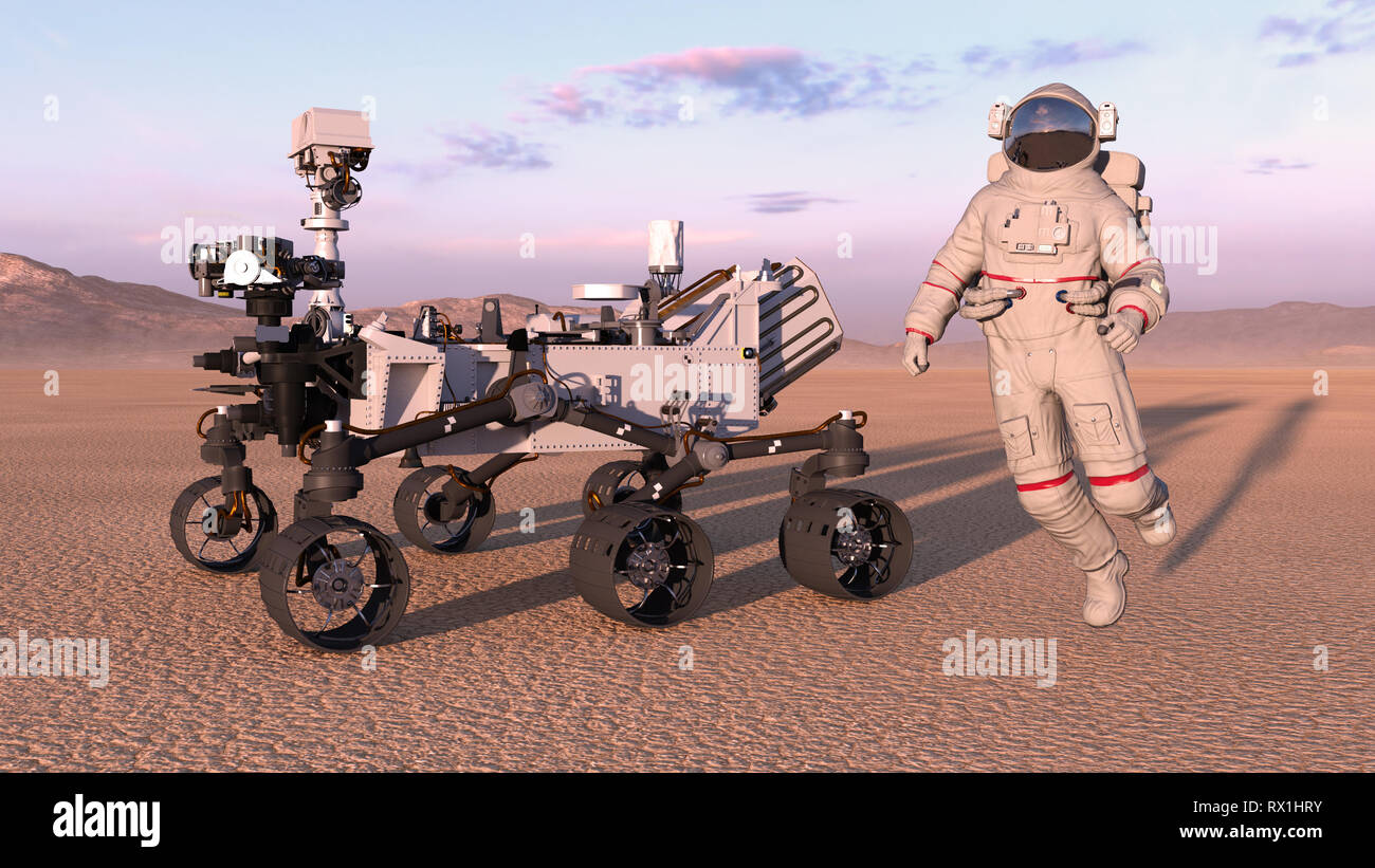 Astronaut mit dem Mars Rover, Kosmonaut springen Neben robotic Space autonomes Fahrzeug auf einem verlassenen Planeten, 3D-Rendering Stockfoto