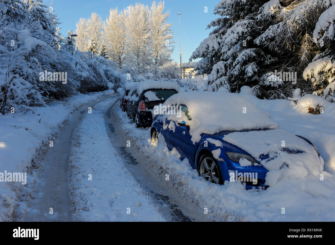 Autowracks im Schnee in der Nähe von Harthill, Schottland im Dezember 2010 abgedeckt. Stockfoto