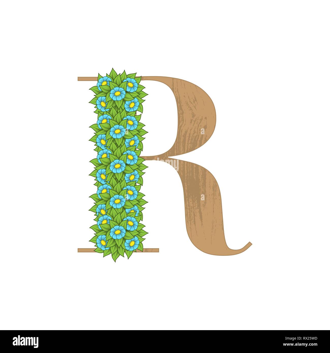 Buchstabe R Holz- Textur mit grünen Blättern und Blumen Stock Vektor