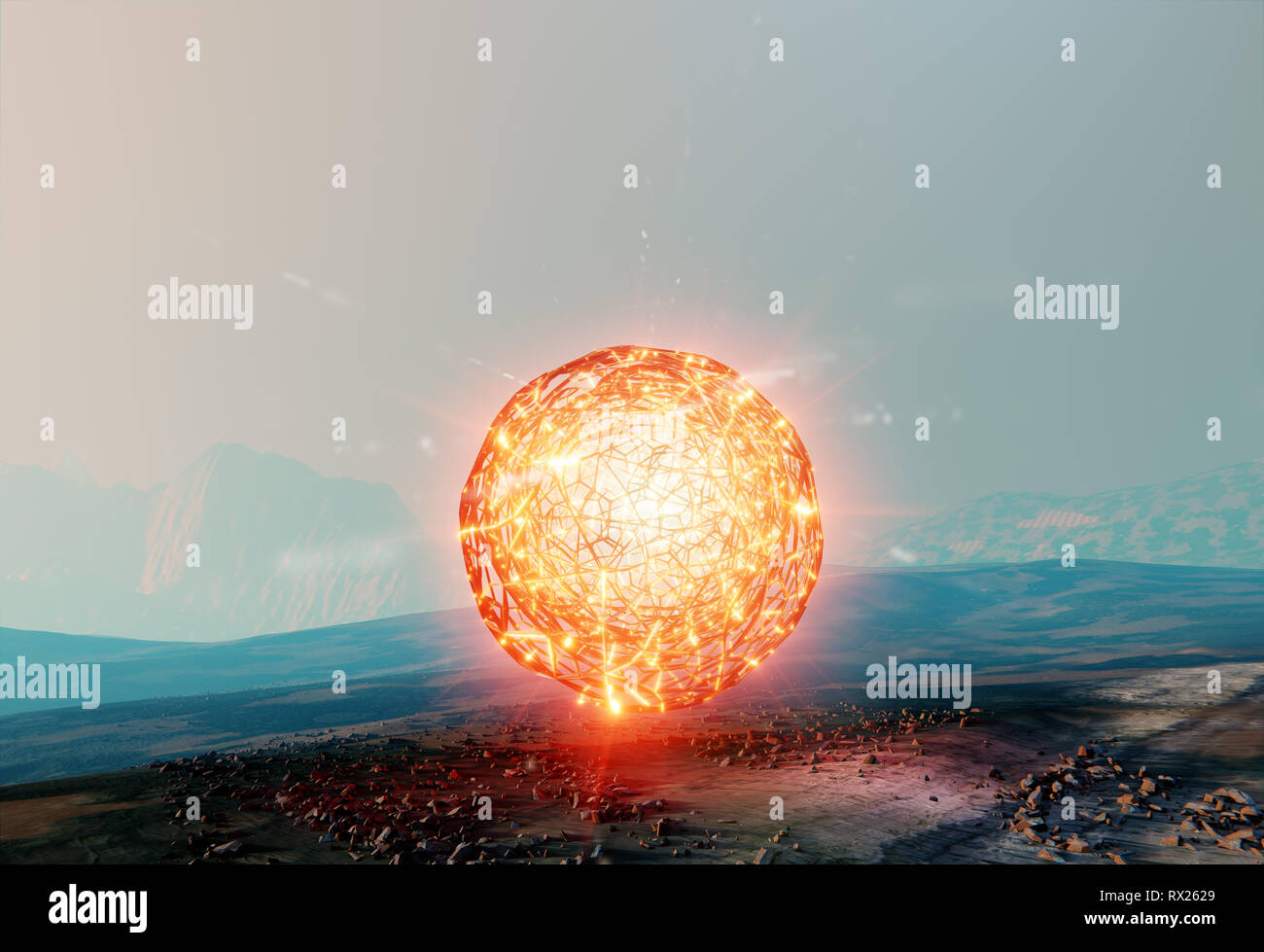 Schwebende Kugel des Lichtes, kugelige Struktur unbekannter Energie, antigravity auf dem Mars, 3D-Illustration gefunden Stockfoto