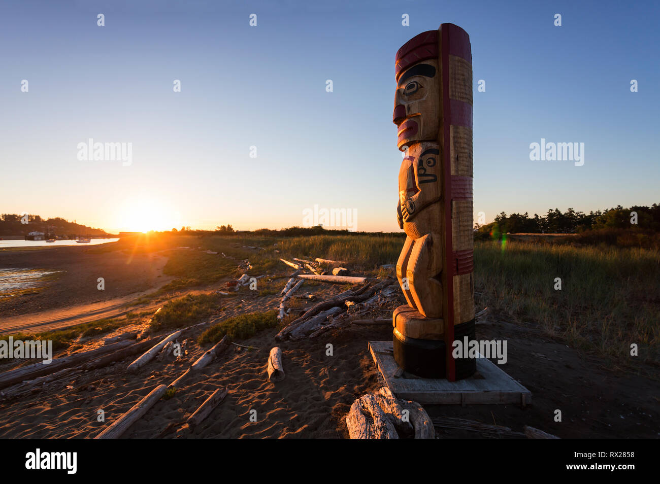 Ein Totempol markiert einen Grenzpunkt nahe dem Kopf der Gänsespiesse, der auf traditionelles Gebiet der First Nation, Comox, das Comox Valley, Vancouver Island, British Columbia, Kanada, hinweist Stockfoto