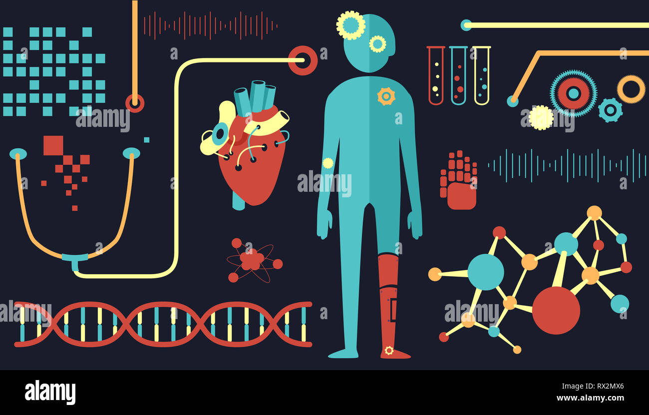 Abbildung: Biomedizinische Technik Elemente wie DNA, Mann, Herz und Stethoskop Stockfoto