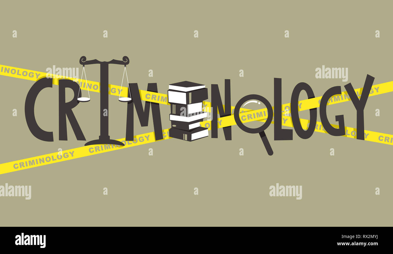 Abbildung: Kriminologie Schriftzug Design mit Büchern, Waage, Lupe und Polizei Tape Stockfoto