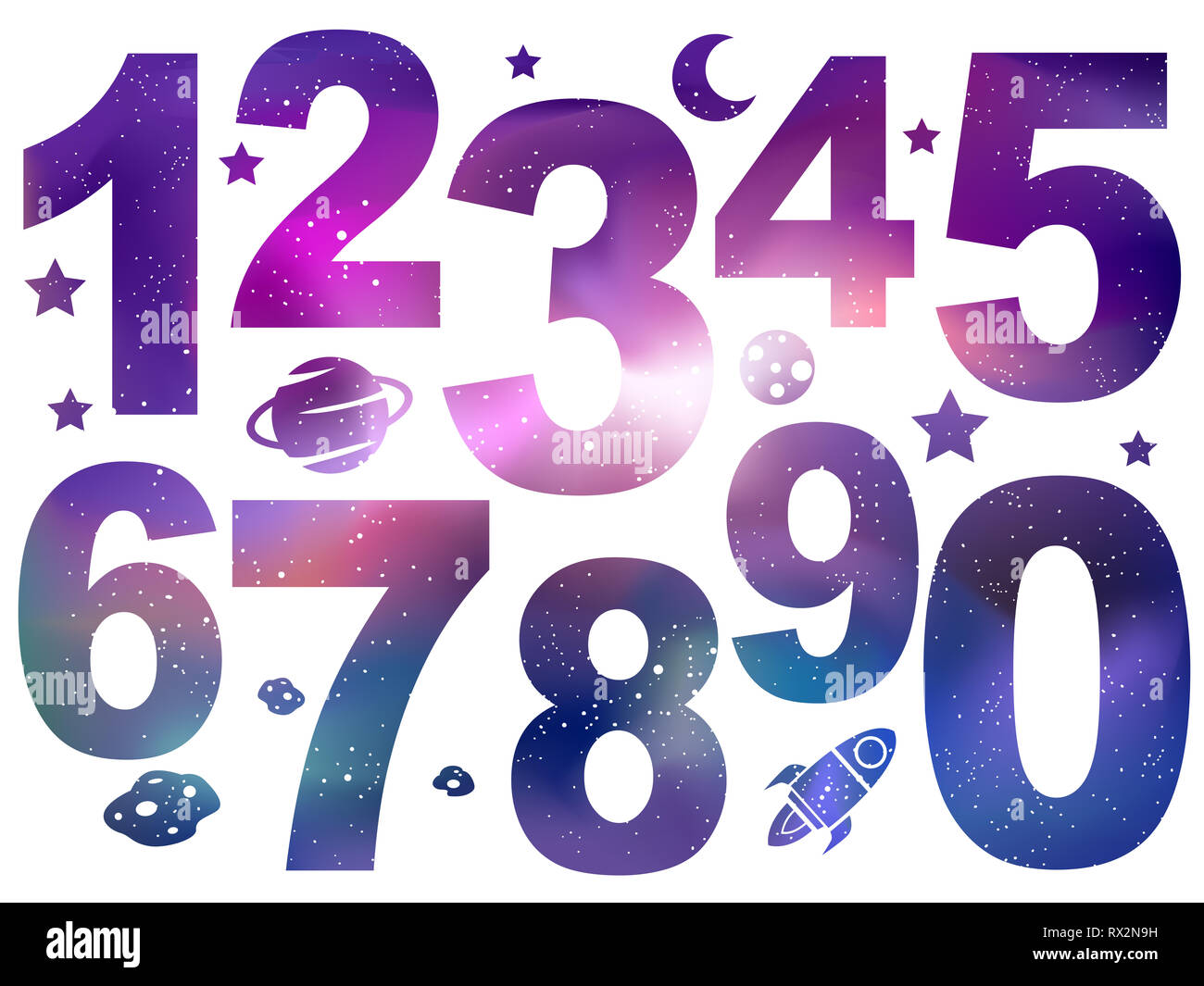 Darstellung von Zahlen mit Raketen, Sterne, Meteor Elemente Stockfoto