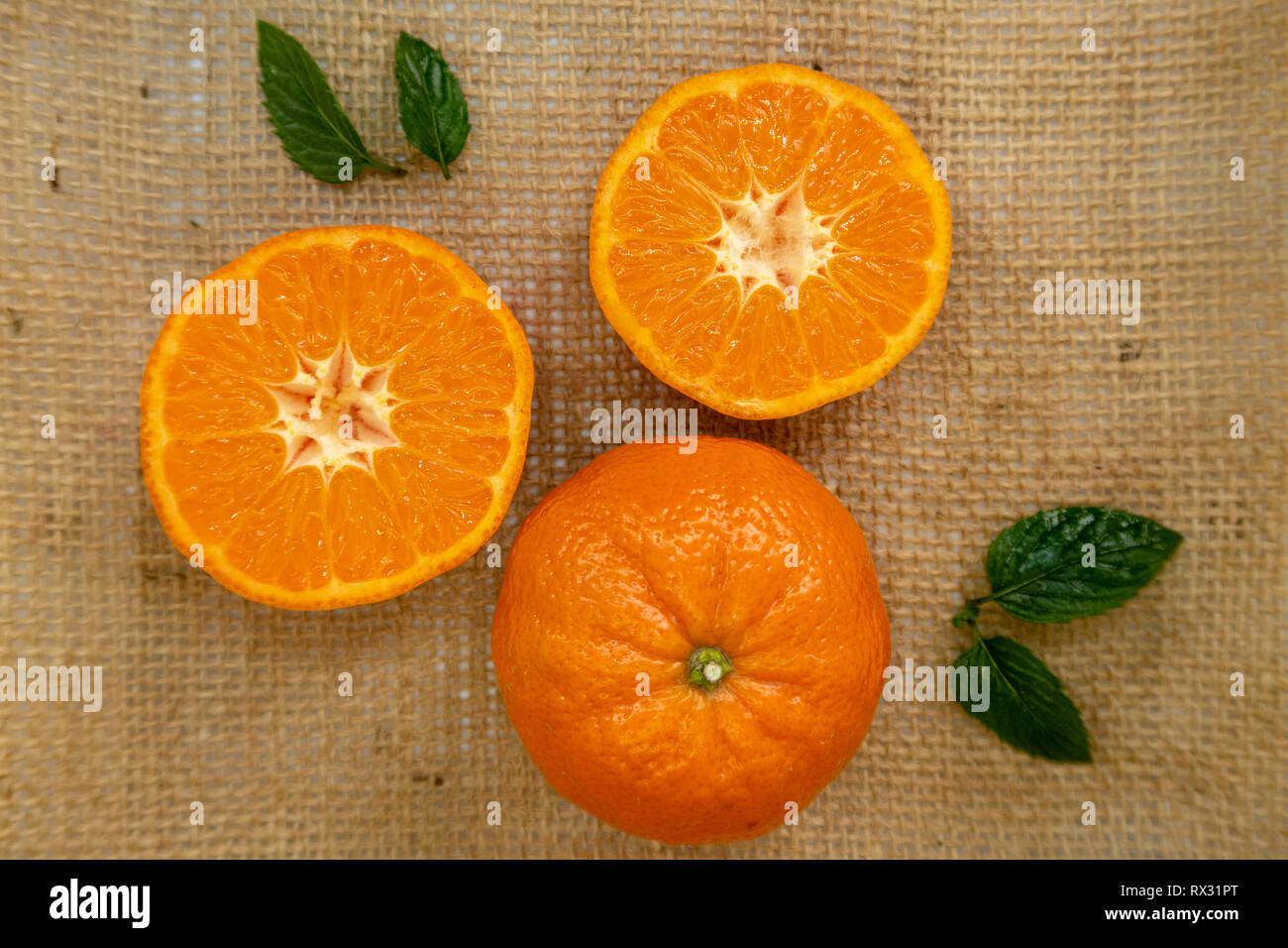 Lebendige frische Sommer Mandarinen schauen lecker und saftig, wenn halbiert. Stockfoto