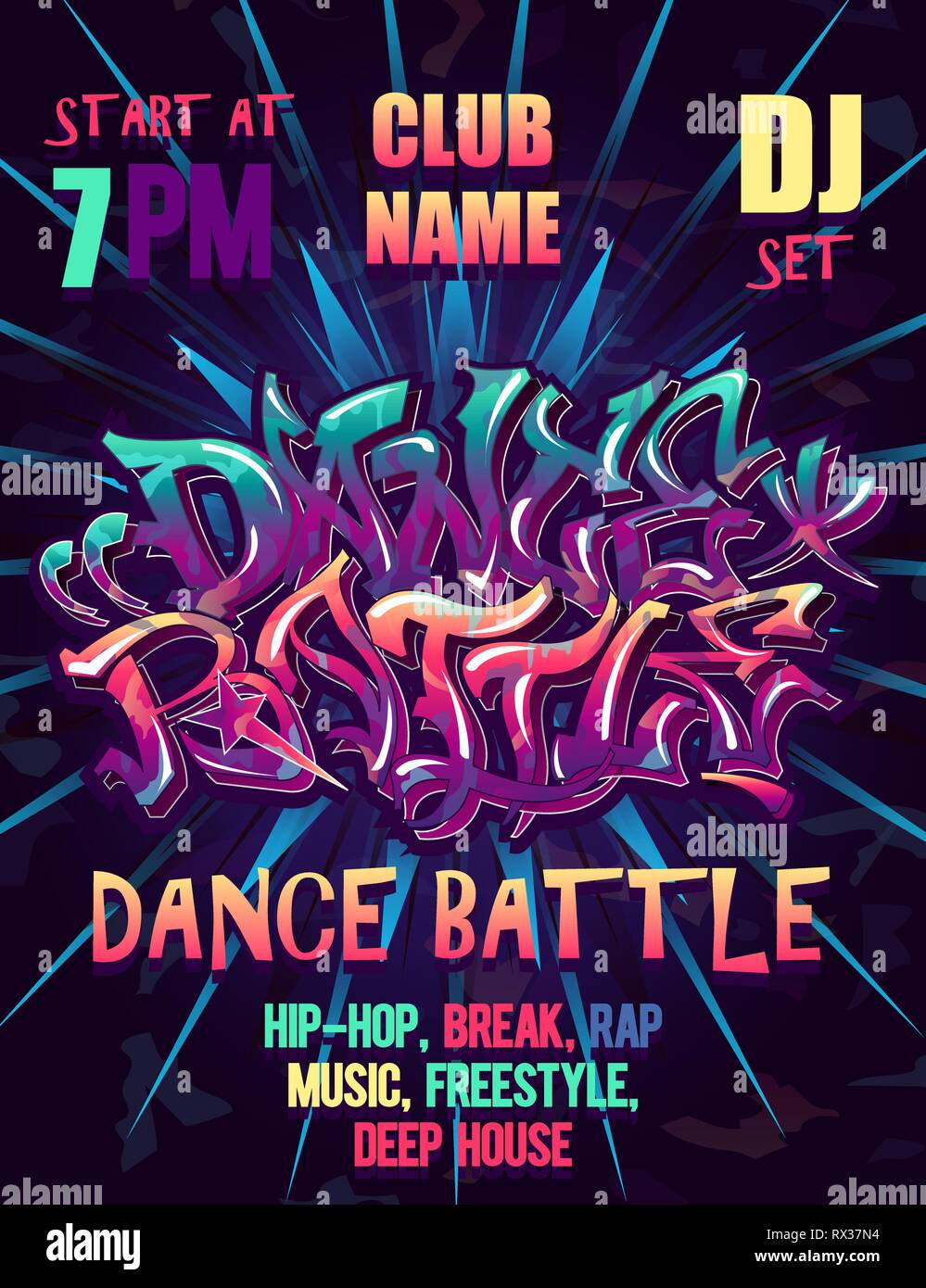 Tanz battle Party Poster neon Light graffiti Design Konzept Stock Vektor