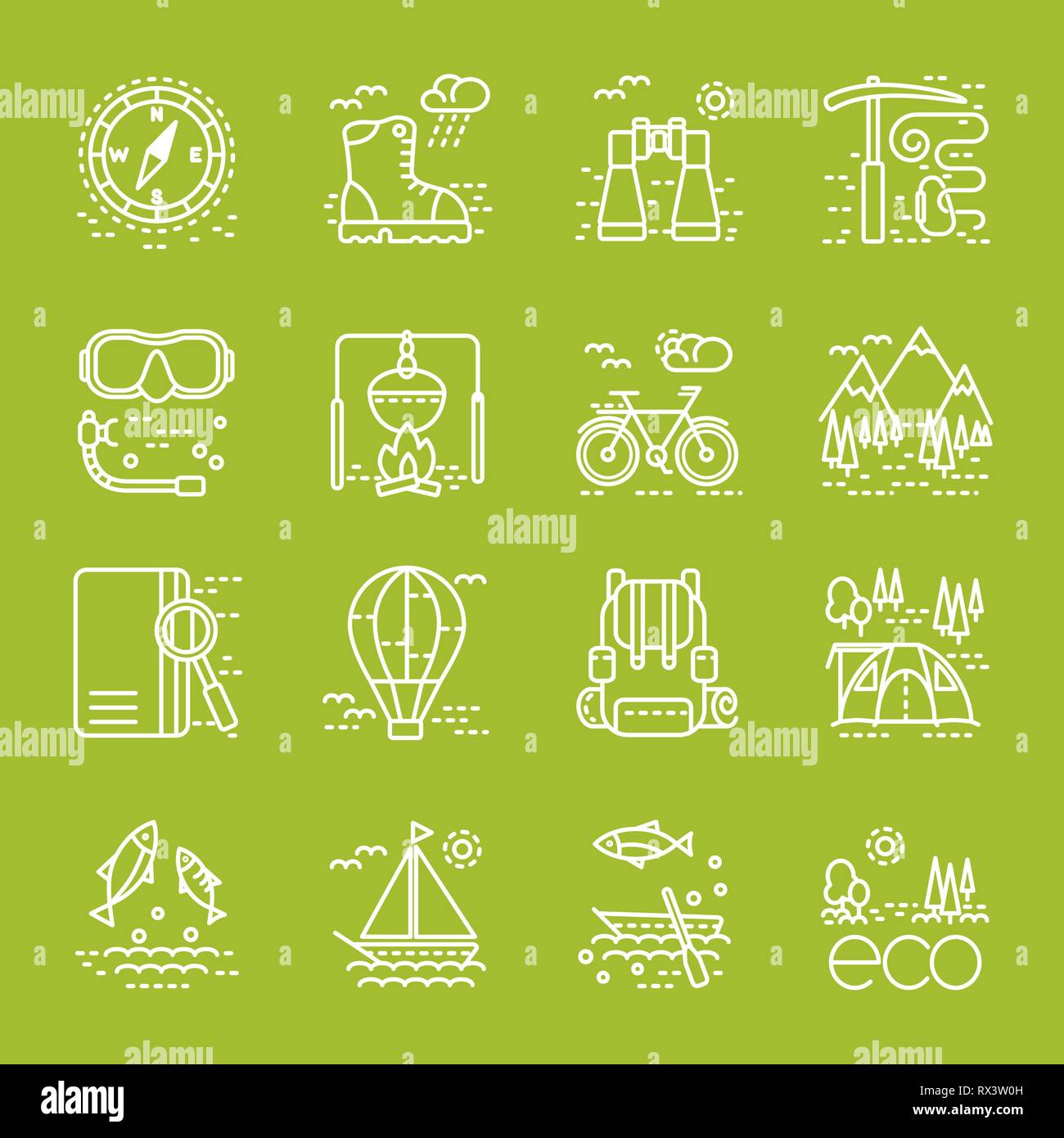 Eco Tourism Icons auf grünem Hintergrund. Sammlung von Line Design Element. Kann für Webseite, Banner verwendet werden, Infografiken Stock Vektor