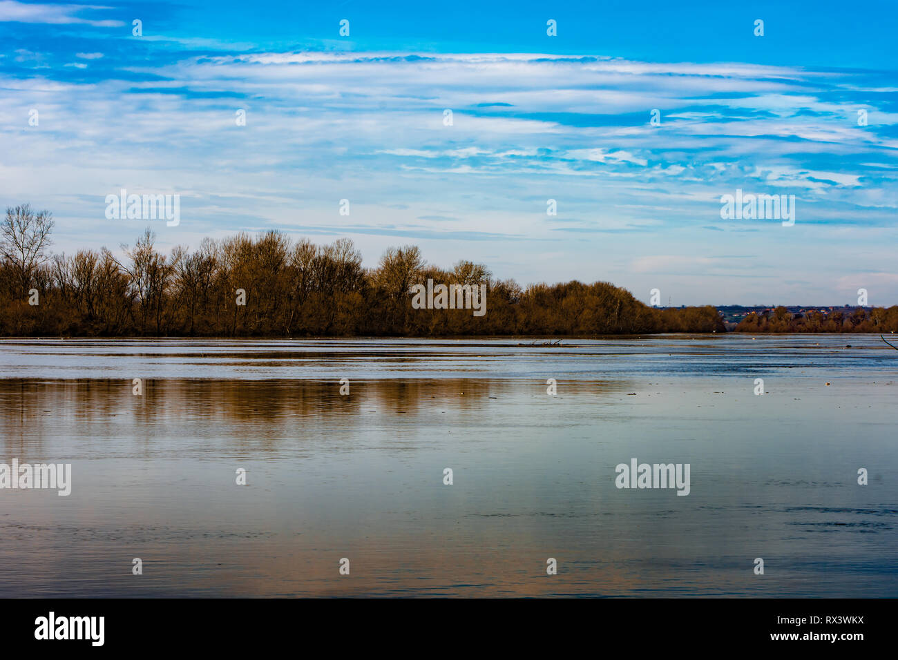 Im Herbst Landschaft, und die Reflexion der Küste im Wasser mit schönen Orangetönen. Serbien Obedska Bara Stockfoto