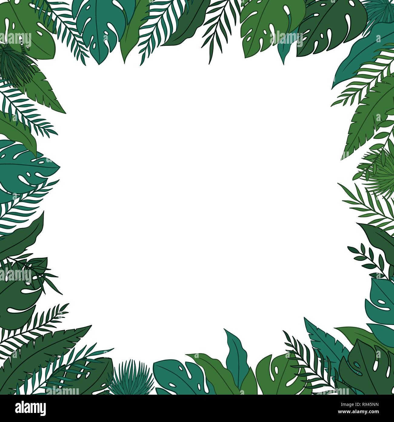 Tropischen Dschungel Blätter Rand mit einem leeren Raum für einen Text, Logos oder Designs. Blick von oben. Hand vector gezeichnet Stock Vektor