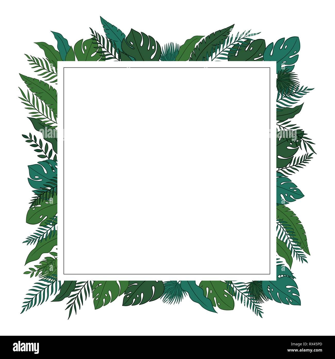 Tropischen Dschungel Blätter Rand mit einem leeren Platz Platz für einen Text, Logo oder Produkt Designs. Blick von oben. Hand Vector Illustration gezeichnet. Stock Vektor