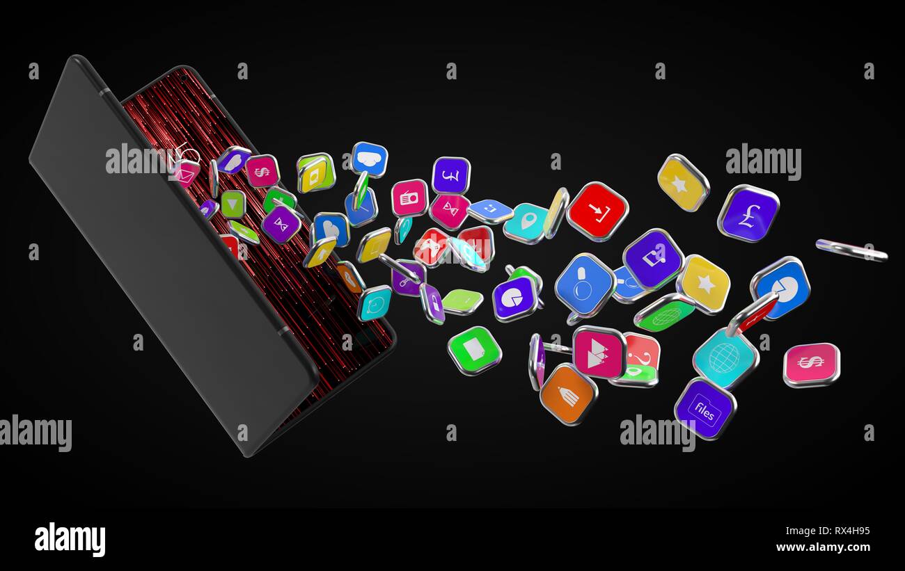 Smartphone Symbole extrahieren aus Faltbare smartphone. Telefon und Tablet hybrid. 3D-Darstellung Stockfoto