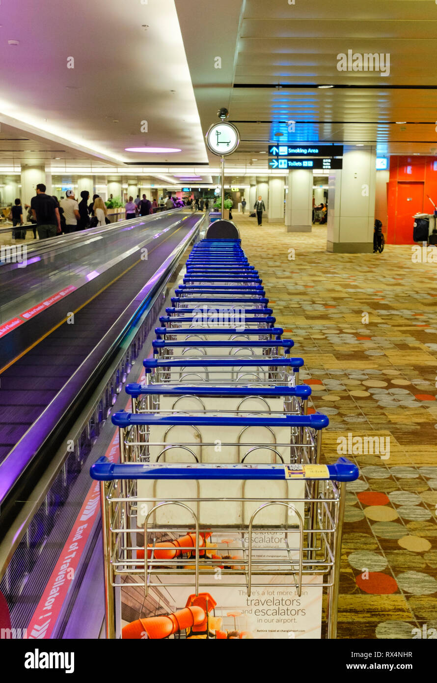 Gepäckwagen aufgereiht am Flughafen von Singapur Stockfoto