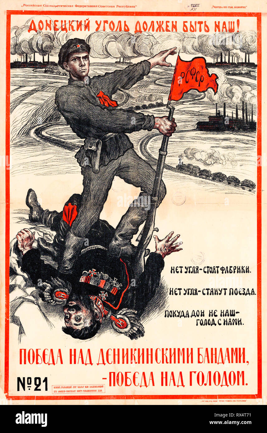 Sowjetisches Propagandaplakat, das die Donezker Kohlefelder (jetzt in der heutigen Ukraine) mit Gewalt an die Macht der Fabriken und Züge brachte, Russische Revolution, 1919 Stockfoto