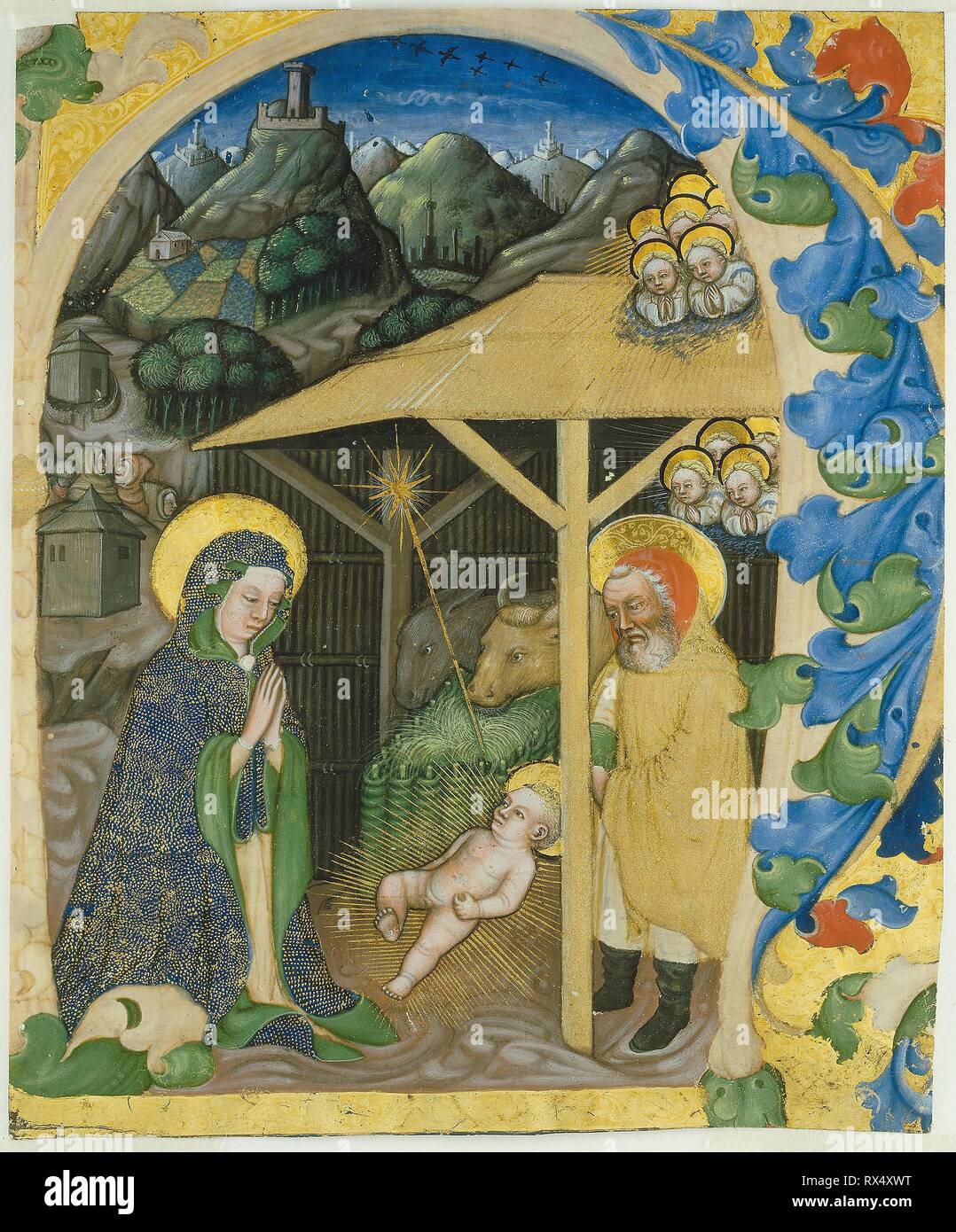 Geburt in einem ersten H. Zanino di Pietro (Giovanni di Francia); Italienisch, aktive 1389-1448. Datum: 1430-1440. Abmessungen: 277 x 229 mm. Pinsel und Gouache, mit Gummi arabicum, Blattgold und Gold Farbe verstärkt, über Pinsel und schwarzer Tinte auf Pergament. Herkunft: Veneto. Museum: Das Chicago Art Institute. Stockfoto