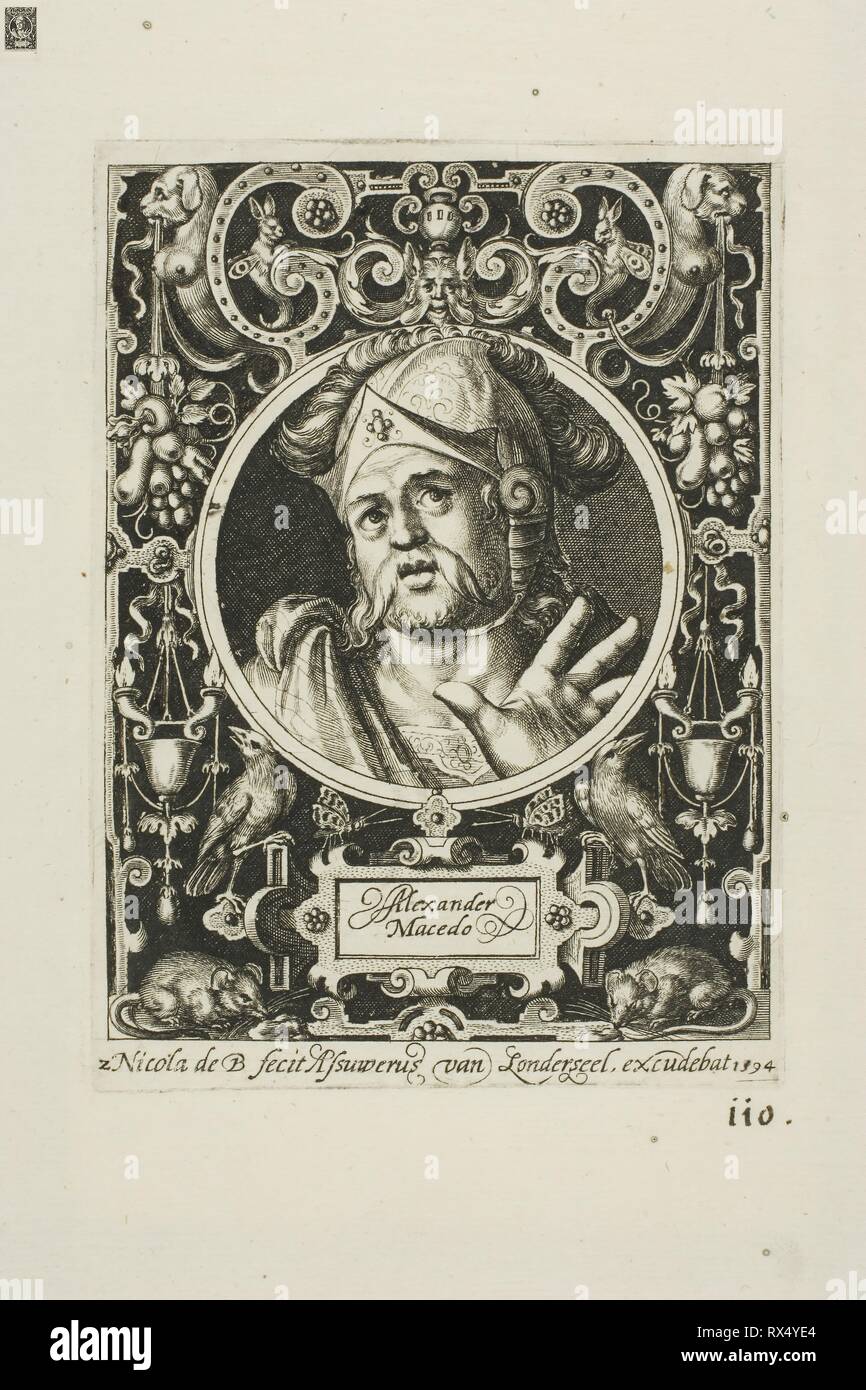 Alexander der Große, Platte zwei von neun Glaubenshelden. Nicolaes de Bruyn (Flämisch, 1571-1656); veröffentlicht durch Assuerus van Londerseel (Flämisch, 1572-1635). Datum: 1594. Abmessungen: 114 × 86 mm (Bild); 124 × 90 mm (Platte); 186 × 149 mm (Blatt). Gravur in Schwarz auf Creme Bütten. Herkunft: Flandern. Museum: Das Chicago Art Institute. Stockfoto