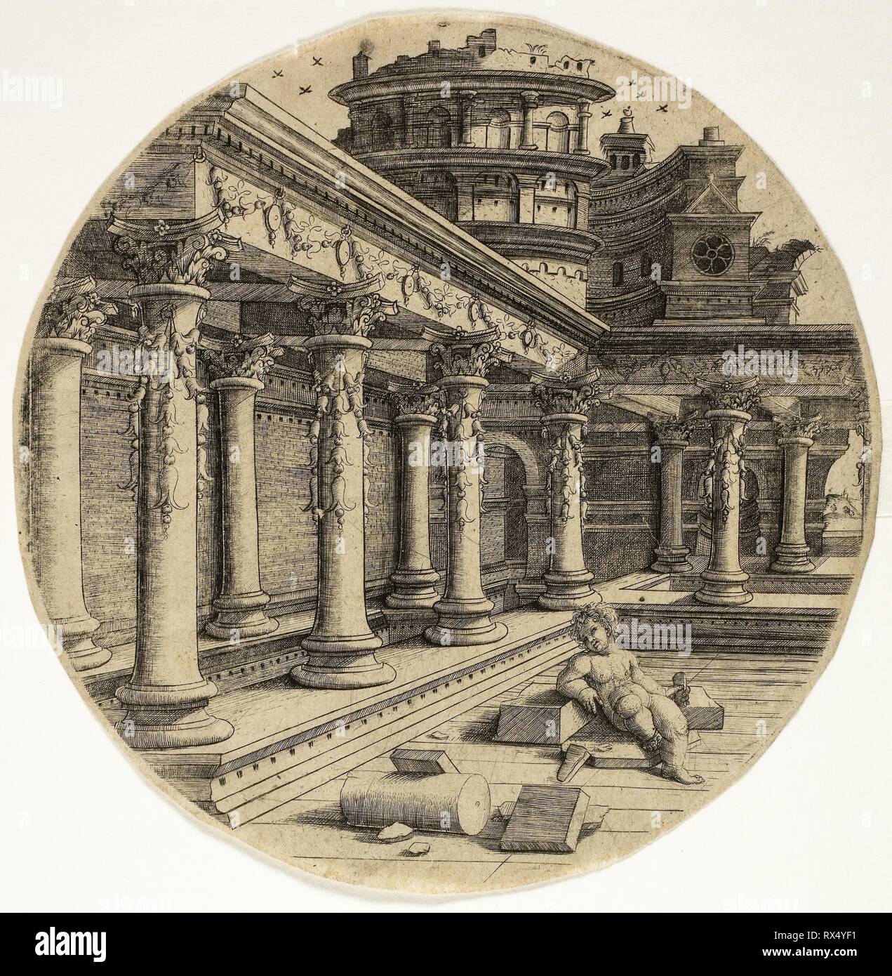 Das Kind in den Innenhof. Jean de Gourmont; Französisch, 1506-1551. Datum: 1520-1530. Abmessungen: 139 x 137 mm (Platte); 141 × 140 mm (Blatt). Gravur auf Elfenbein Bütten (verdunkelt Tan). Herkunft: Frankreich. Museum: Das Chicago Art Institute. Stockfoto