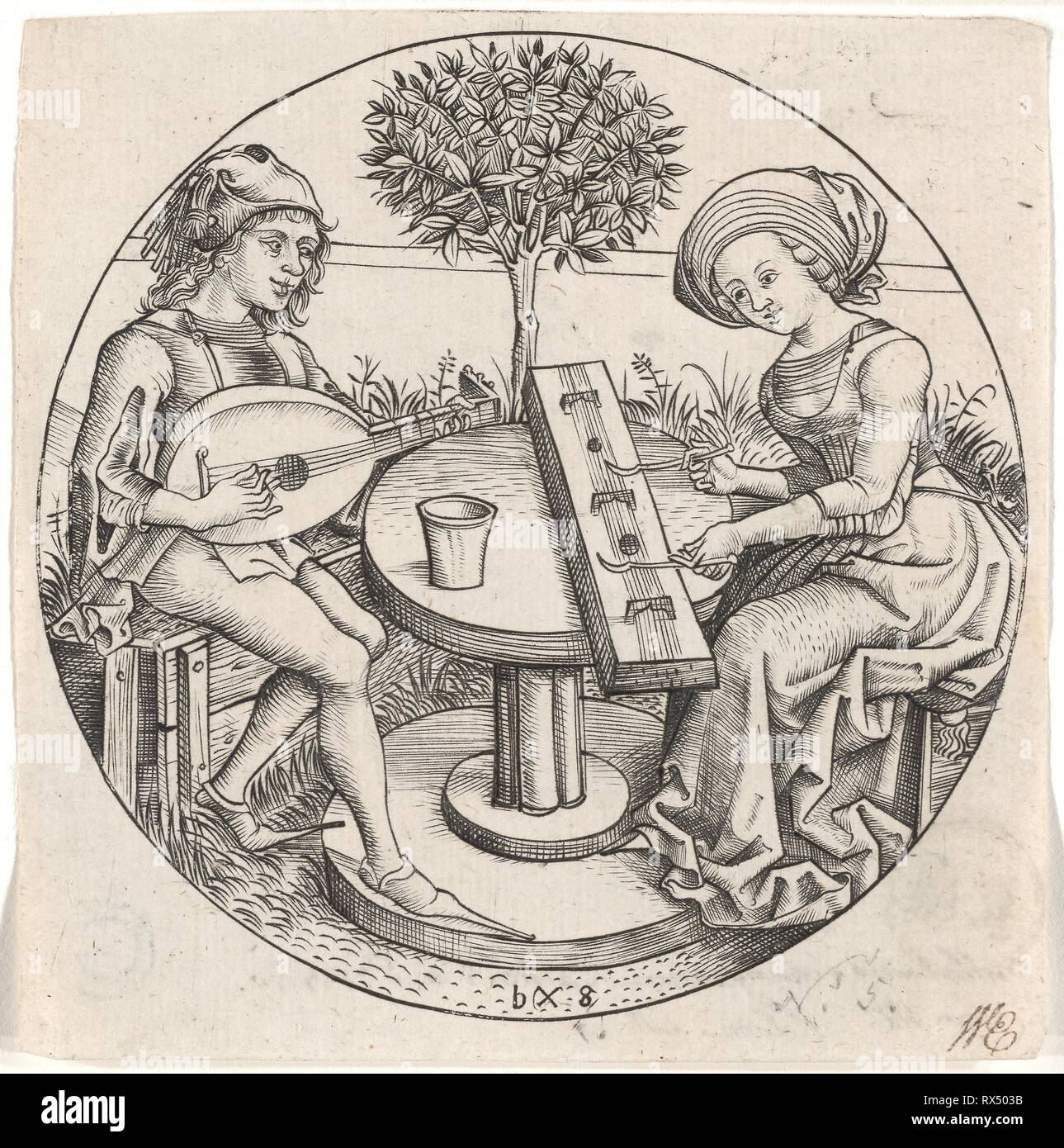 Die Musik bilden Paare. Master bxg; Deutsch, aktive Ca. 1470-90. Datum: 1470-1480. Abmessungen: 89 mm (Platte); 95 x 92 mm (Blatt). Runde Gravur auf Elfenbein Bütten. Herkunft: Deutschland. Museum: Das Chicago Art Institute. Stockfoto