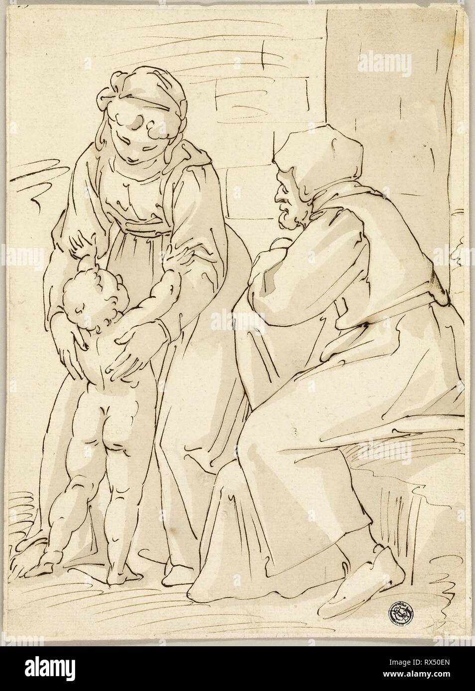 Heilige Familie. Nach Luca Cambiaso; Italienisch, 1527-1585. Datum: 1568-1572. Abmessungen: 265 x 193 mm. Pen und Braun mit Pinsel und Farbe braun waschen, und Spuren von Graphit, an den cremefarbenen Papier, legte sich auf tan Bütten. Herkunft: Italien. Museum: Das Chicago Art Institute. Stockfoto