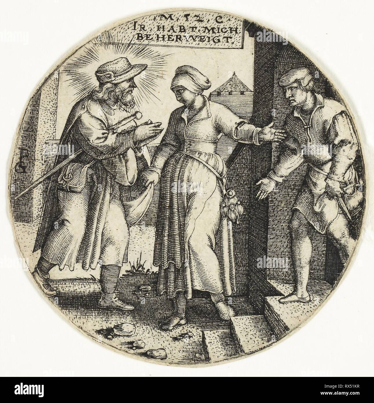 Schützen der Fremden, von der die sieben Taten der Barmherzigkeit. Georg Pencz; Deutsch, C. 1500-1550. Datum: 1529-1539. Abmessungen: 57 x 57 mm (Bild/Blech, Markierung nicht sichtbar). Gravur in Schwarz auf Elfenbein Bütten. Herkunft: Deutschland. Museum: Das Chicago Art Institute. Stockfoto