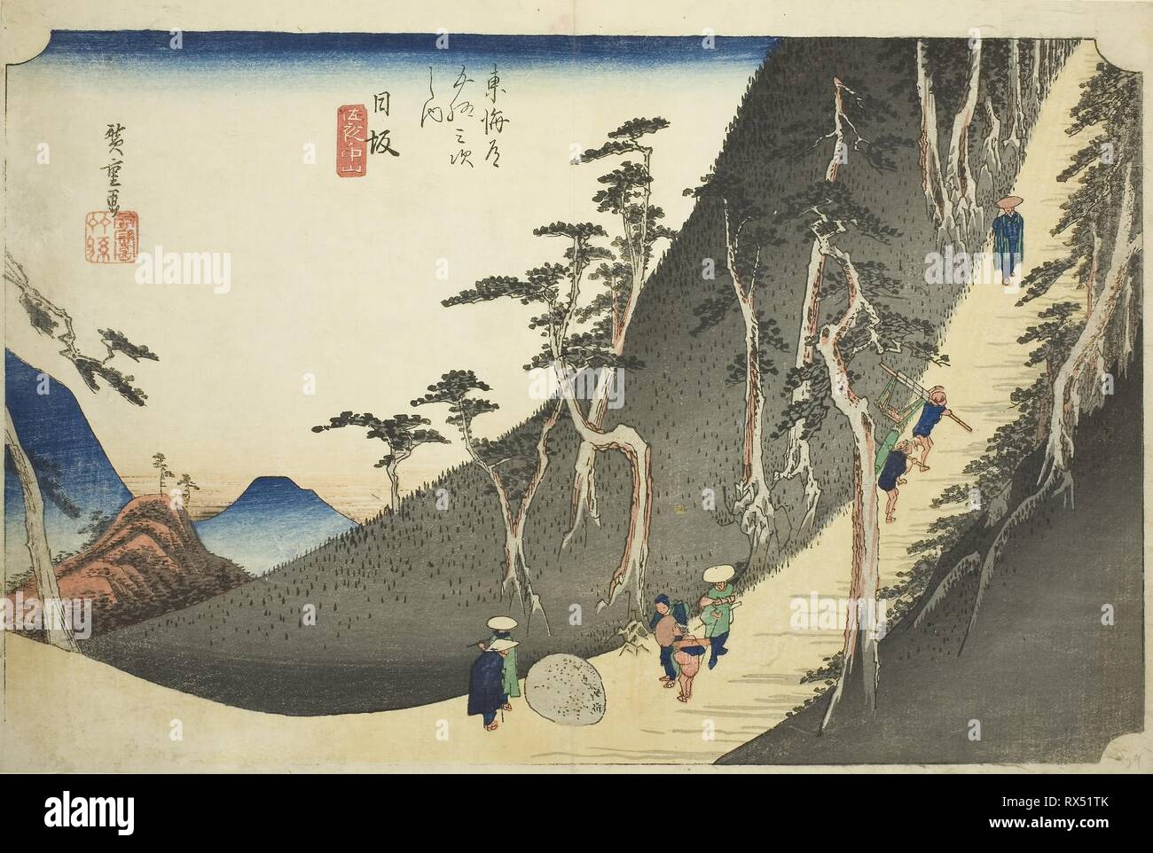 Nissaka: Sayo Mountain Pass (Nissaka, Sayo keine nakayama), aus der Serie "Dreiundfünfzig Stationen des Tokaido (Tokaido gojusan tsugi no Uchi), "auch als Hoeido Tokaido bekannt. Utagawa Hiroshige?? ??; Japanisch, 1797-1858. Datum: 1828-1839. Abmessungen: 24,2 x 36,1 cm (9 1/2 x 14 3/16 in.). Farbe holzschnitt; Oban. Herkunft: Japan. Museum: Das Chicago Art Institute. Stockfoto