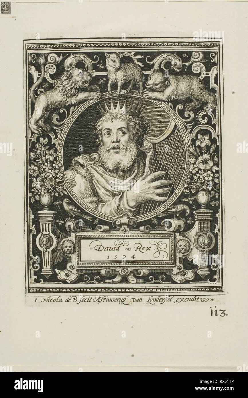 König David, Platte fünf von neun Glaubenshelden. Nicolaes de Bruyn (Flämisch, 1571-1656); veröffentlicht durch Assuerus van Londerseel (Flämisch, 1572-1635). Datum: 1594. Abmessungen: 118 × 91 mm (Bild); 125 × 92 mm (Platte); 180 × 147 mm (Blatt). Gravur in Schwarz auf Creme Bütten. Herkunft: Flandern. Museum: Das Chicago Art Institute. Stockfoto