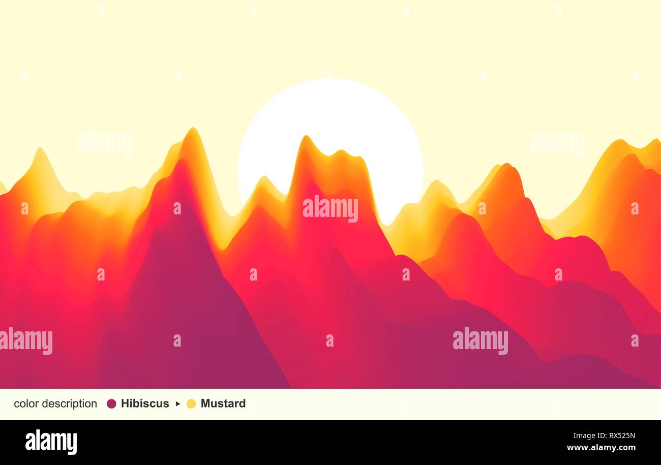 Landschaft mit Bergen und Sonne. Sonnenuntergang. Bergige Gelände. Zusammenfassung Hintergrund. Vector Illustration. Stock Vektor