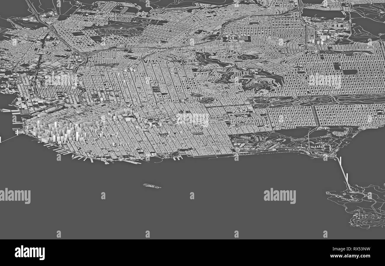 Sat-Blick auf San Francisco, Karte, 3D-Gebäude. Straßen und Wolkenkratzern. Wohnungen und städtischen Bereich. 3D-Rendering Stockfoto