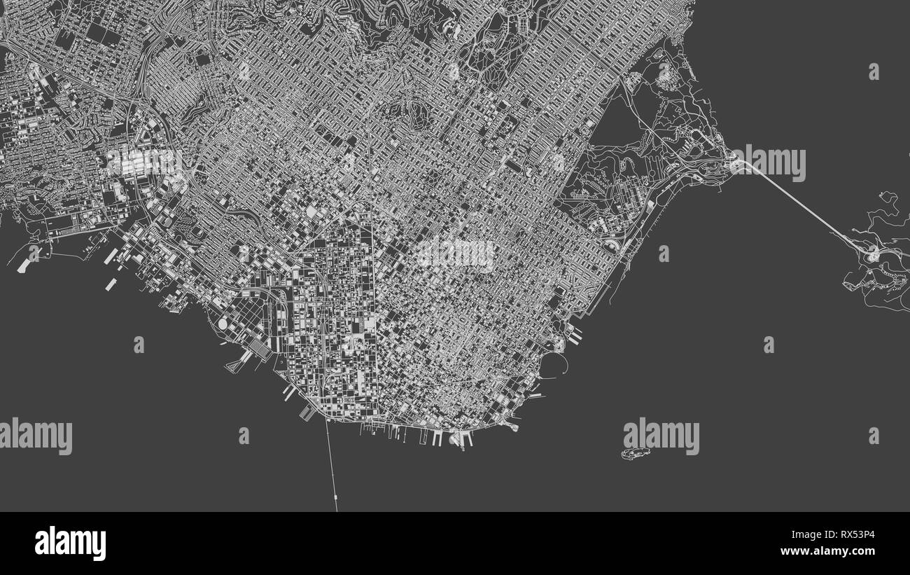 Sat-Blick auf San Francisco, Karte, 3D-Gebäude. Straßen und Wolkenkratzern. Wohnungen und städtischen Bereich. 3D-Rendering Stockfoto