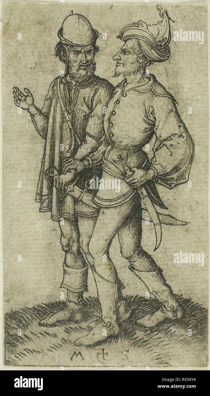 Zwei Mauren im Gespräch. Martin Schongauer; Deutsch, C. 1450-1491. Datum: 1450-1491. Abmessungen: 84 × 48 mm (Blatt innerhalb der Platte mark getrimmt). Gravur auf Papier. Herkunft: Deutschland. Museum: Das Chicago Art Institute. Stockfoto