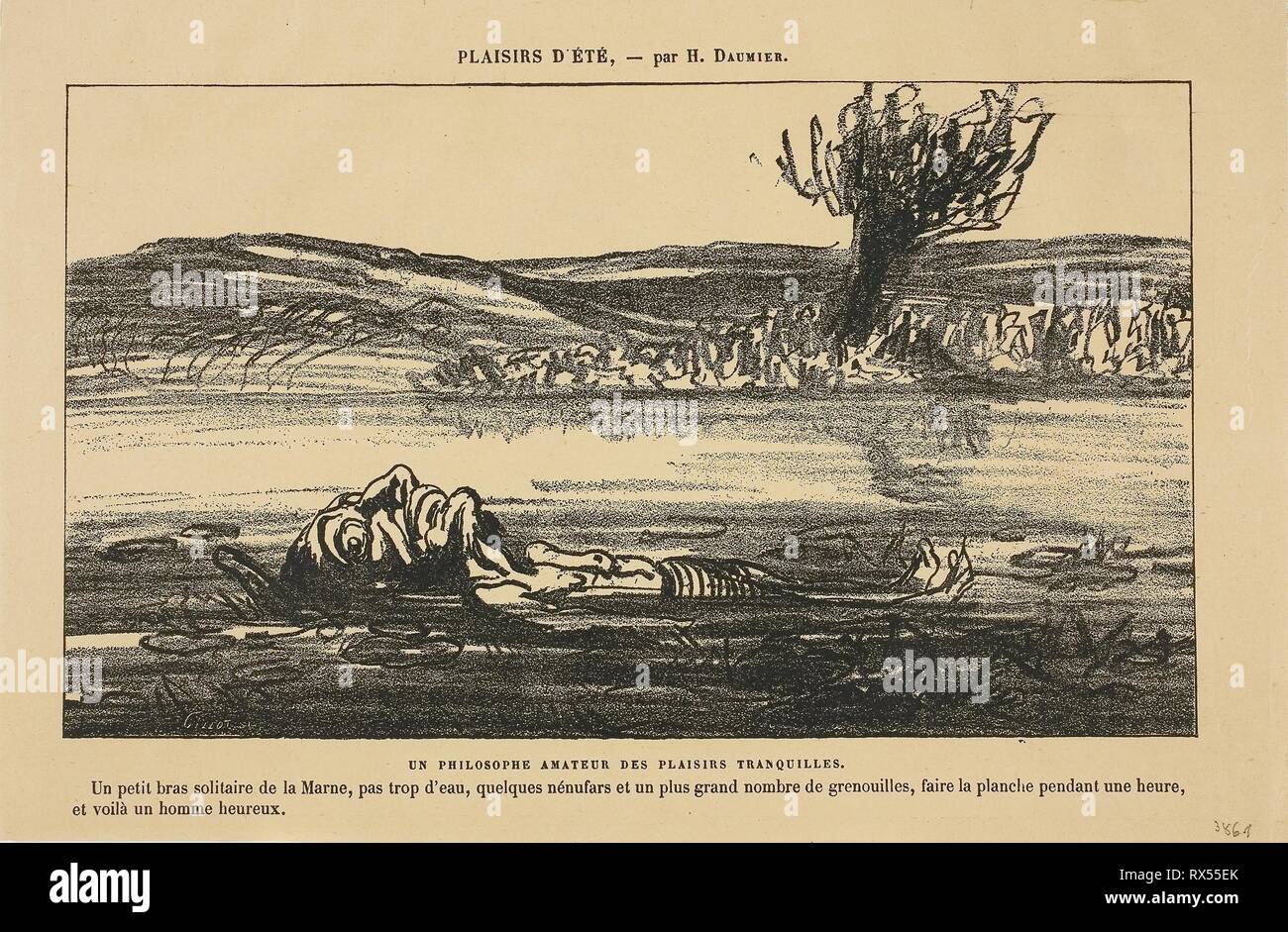 Philosophische Betrachtungen der ein Liebhaber der Stille Freuden. Zu schweben auf der Rückseite für eine Stunde in einem ruhigen Seitental der Marne mit wenig Wasser, einige Seerosen und viele Frösche: Das ist es, was einen Mann glücklich!, von Les Baigneurs. Honoré Victorin Daumier (Französisch, 1808-1879); Gedruckt von Firmin Gillot (Französisch, 1820-1872). Datum: 1864. Abmessungen: 145 × 250 mm (Bild); 188 × 284 mm (Blatt). Lithographie in Schwarz auf Tan webte Papier. Herkunft: Frankreich. Museum: Das Chicago Art Institute. Autor: Honoré-Victorin Daumier. Stockfoto