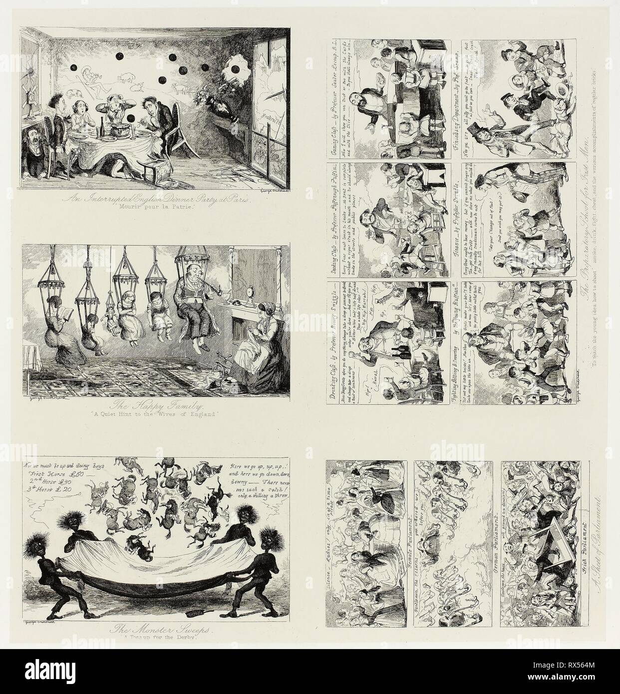 Eine unterbrochene Englisch Dinner Party in Paris von George Cruikshank Stahl Radierungen auf den Comic Almanacks: 1835-1853 (oben links). George Cruikshank (Englisch, 1792-1878); von Pickering & Amp; Chatto (Englisch, 19. Jahrhundert). Datum: 1849. Abmessungen: 291 × 273 mm (Primary Support); 422×343 mm (sekundäre) unterstützen. Fünf Radierungen in Schwarz auf Creme Indien Papier, legte sich auf Off-white Card (chine collé). Herkunft: England. Museum: Das Chicago Art Institute. Stockfoto