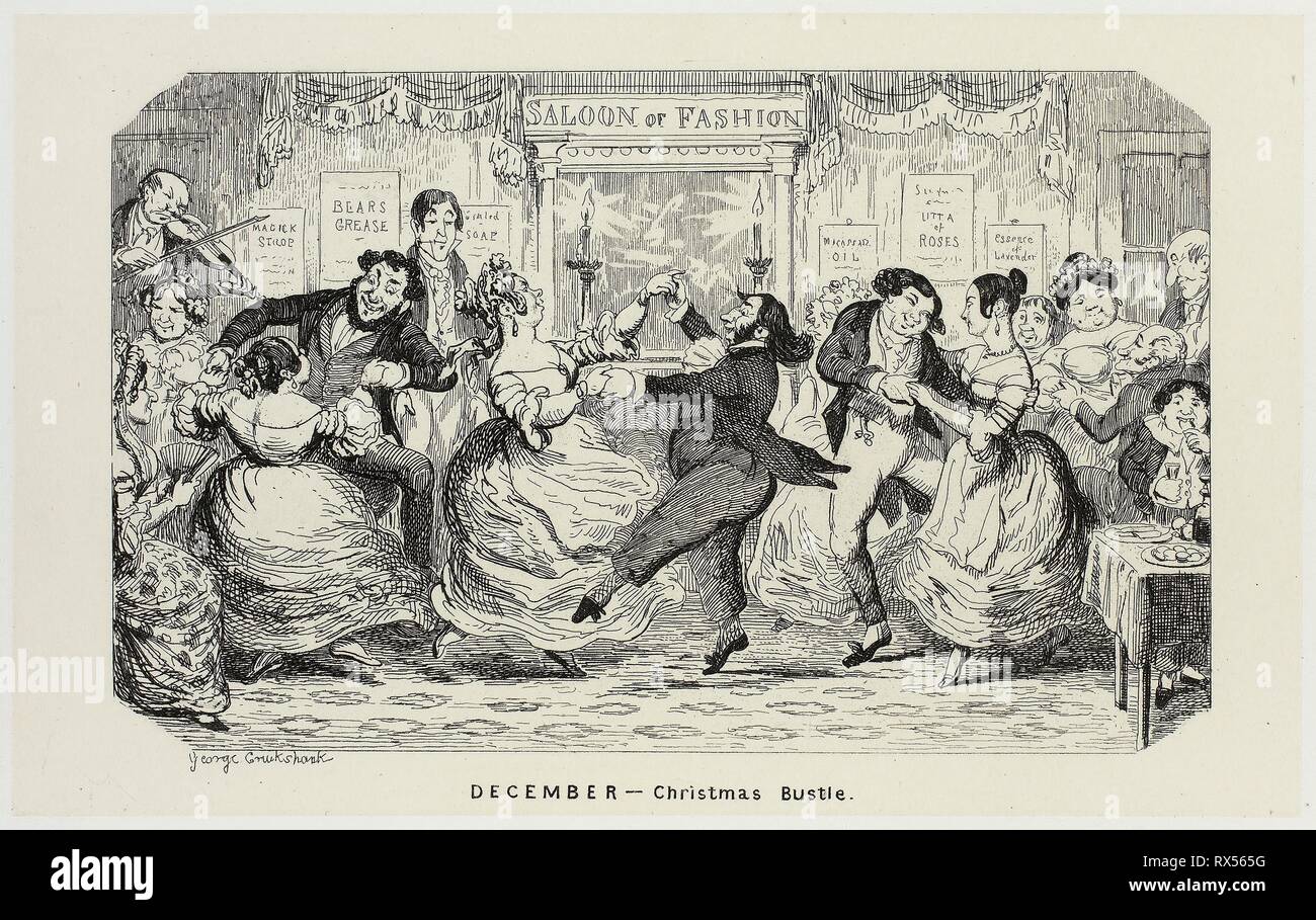 Dezember - Weihnachten Hektik von George Cruikshank Stahl Radierungen auf den Comic Almanacks: 1835-1853. George Cruikshank (Englisch, 1792-1878); von Pickering & Amp; Chatto (Englisch, 19. Jahrhundert). Datum: 1840. Abmessungen: 95 × 153 mm (Primary Support); 221 × 286 mm (sekundäre) unterstützen. Stahl ätzen in Schwarz auf Creme Indien Papier, legte sich auf Off-white Card (chine collé). Herkunft: England. Museum: Das Chicago Art Institute. Stockfoto