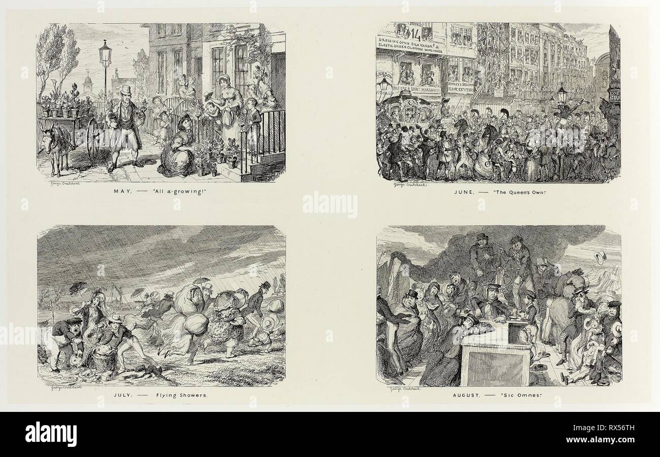 Mai - "Alle eine wachsende!' von George Cruikshank Stahl Radierungen auf den Comic Almanacks: 1835-1853 (oben links). George Cruikshank (Englisch, 1792-1878); von Pickering & Amp; Chatto (Englisch, 19. Jahrhundert). Datum: 1838. Abmessungen: 202 × 330 mm (Primary Support); 345 × 506 mm (sekundäre) unterstützen. Vier stahl Radierungen in Schwarz auf Creme Indien Papier, legte sich auf Off-white Card (chine collé). Herkunft: England. Museum: Das Chicago Art Institute. Stockfoto