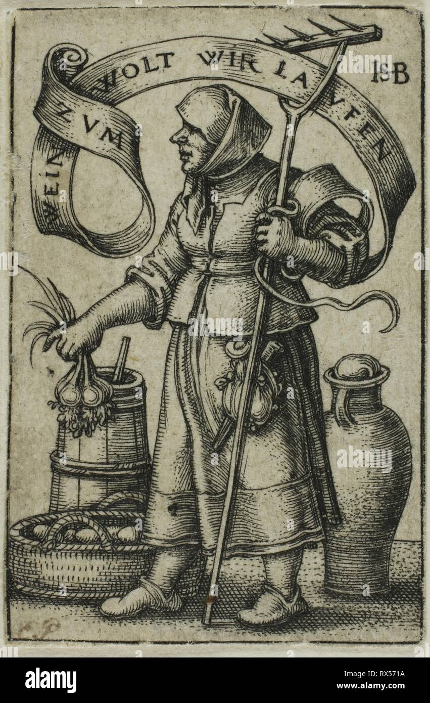 Der Markt Frau. Sebald Beham; Deutsch, 1500-1550. Datum: 1537-1547. Abmessungen: 40 x 26 mm (Bild/Blatt, unregelmäßig getrimmt Platte markieren). Gravur in Schwarz auf Elfenbein Bütten. Herkunft: Deutschland. Museum: Das Chicago Art Institute. Autor: Hans Sebald Beham. Stockfoto