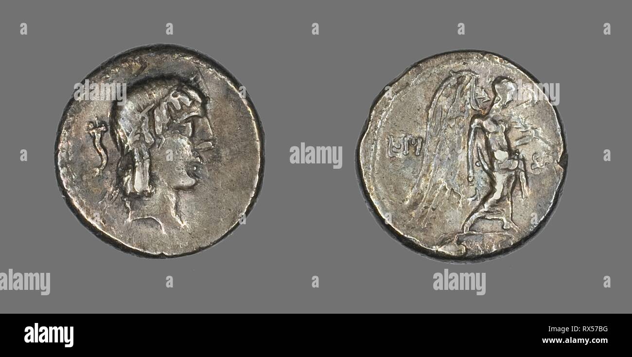 Quinarius (Münze), den Gott Apollo. Roman. Datum: 90 BC. Abmessungen: Durchm. 1.4 cm; 2.11 g. Silber. Herkunft: Römische Reich. Museum: Das Chicago Art Institute. Thema: Alte römische. Stockfoto