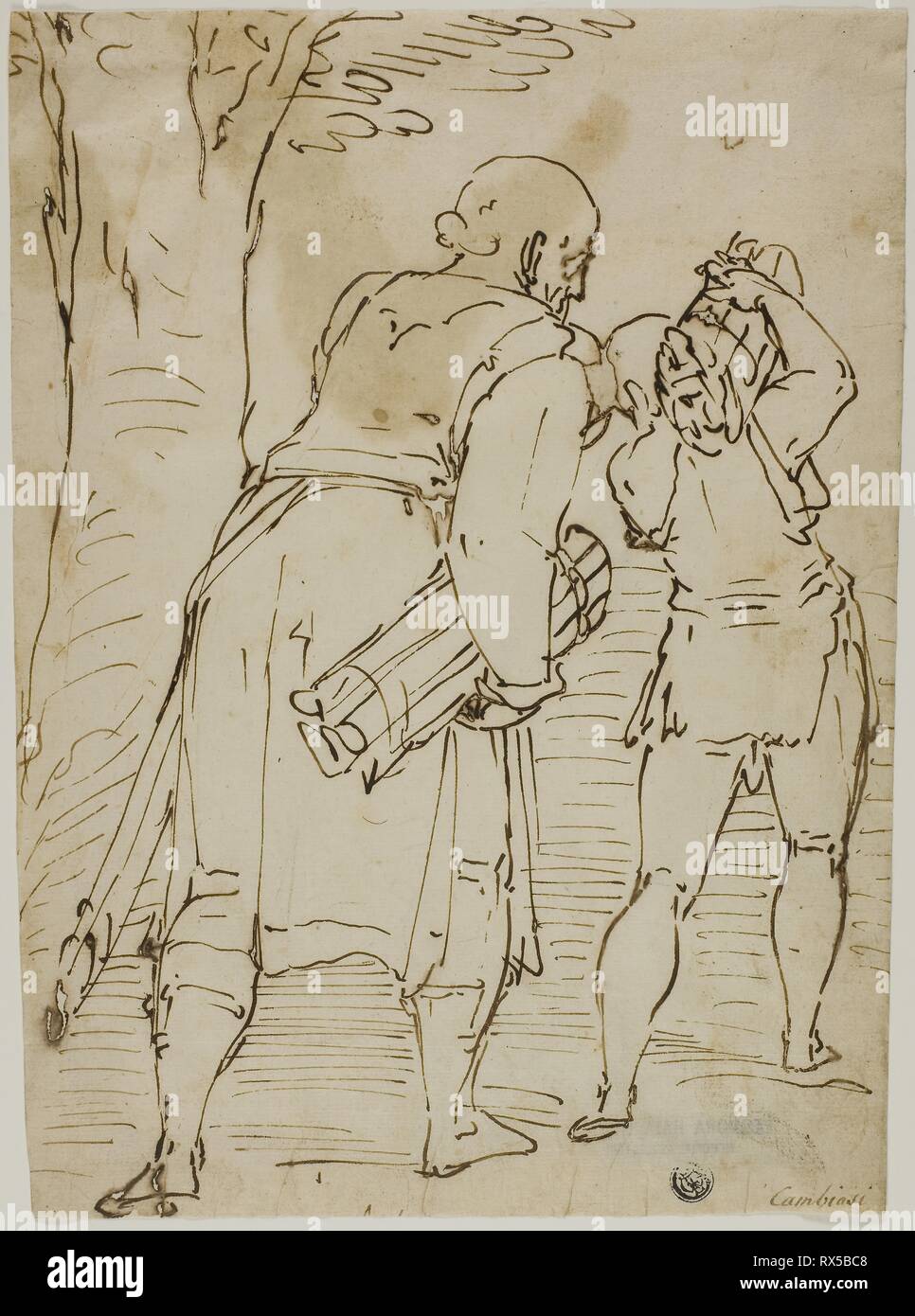 Abraham und Isaak. Zurückzuführen auf Luca Cambiaso; Italienisch, 1527-1585. Datum: 1568-1572. Abmessungen: 286 x 212 mm (max.). Stift und eisengallustinte Tinte auf Elfenbein Bütten. Herkunft: Italien. Museum: Das Chicago Art Institute. Stockfoto