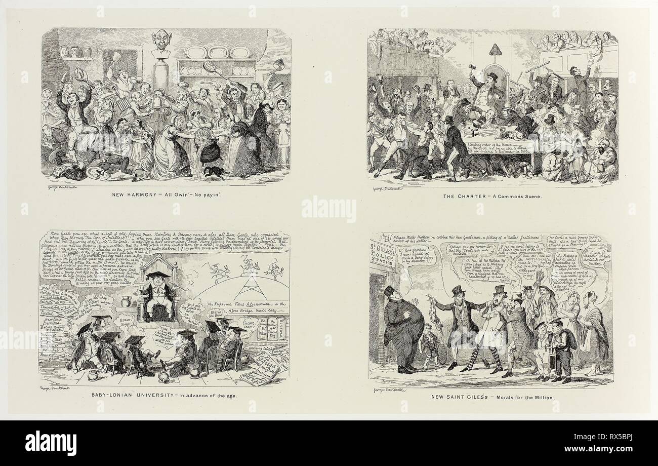 Neue Harmonie - Alle Anmieter gefahren Owin 'Nein' von George Cruikshank Stahl Radierungen auf den Comic Almanacks: 1835-1853 (oben links). George Cruikshank (Englisch, 1792-1878); von Pickering & Amp; Chatto (Englisch, 19. Jahrhundert). Datum: 1843. Abmessungen: 212 × 337 mm (Primary Support); 345 × 508 mm (sekundäre) unterstützen. Vier stahl Radierungen in Schwarz auf Creme Indien Papier, legte sich auf Off-white Card (chine collé). Herkunft: England. Museum: Das Chicago Art Institute. Stockfoto