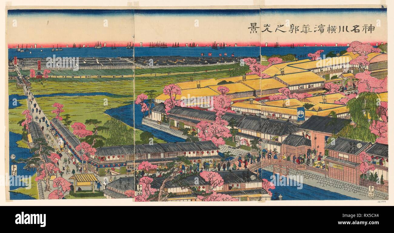 Panoramablick auf das Vergnügen Viertel in Yokohama, Kanagawa (Kanagawa Yokohama hanakuruwa keine kokei). Utagawa Sadahide; Japanisch, 1807-1873. Datum: 1860. Abmessungen: . Farbe holzschnitt; Oban Triptychon. Herkunft: Japan. Museum: Das Chicago Art Institute. Stockfoto