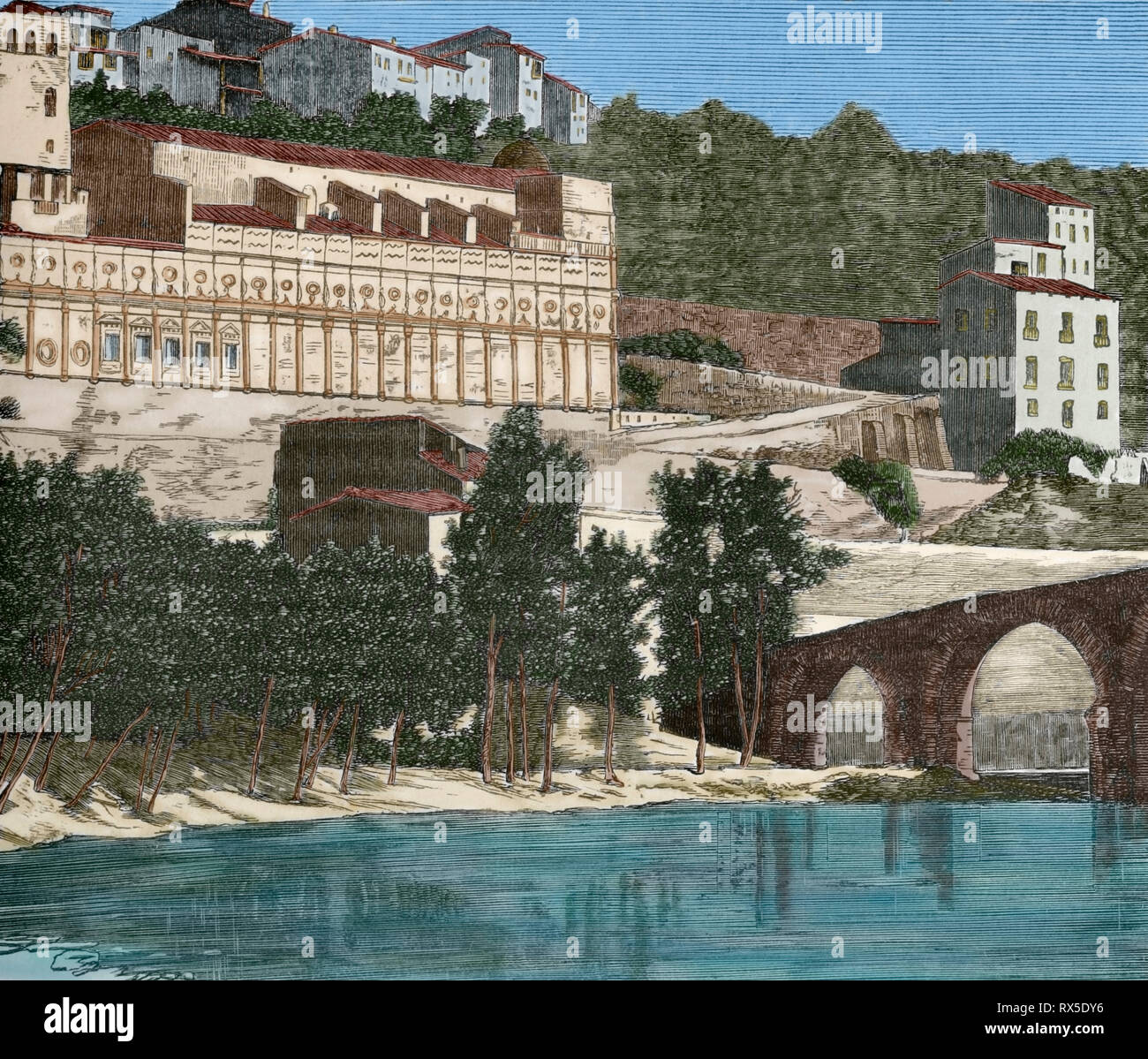 Spanien, Katalonien, in der Provinz von Barcelona, Manresa. Höhle des Hl. Ignatius. Ort des Gebetes und der Sammlung von Saint Ignatius von Loyola in 1522. Er verbrachte elf Monaten intensiver Spiritualität, in der er schrieb "geistliche Übungen". Gravur. Später Färbung. Crónica de España, Historia y Ilustrada Descriptiva de Sus Provincias. Katalonien. 1866. Stockfoto