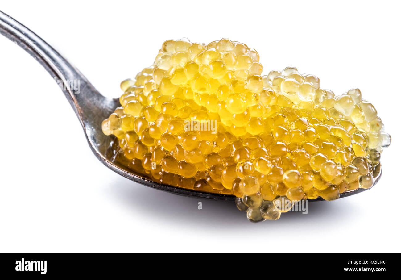 Hecht Kaviar oder Roe in Löffel auf weißem Hintergrund. Ansicht von oben. Stockfoto