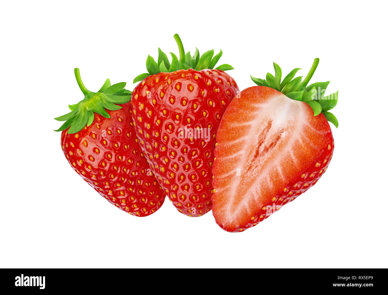 Flying Erdbeere Obst, drei Erdbeeren auf weißem Hintergrund mit Freistellungspfad isoliert Stockfoto