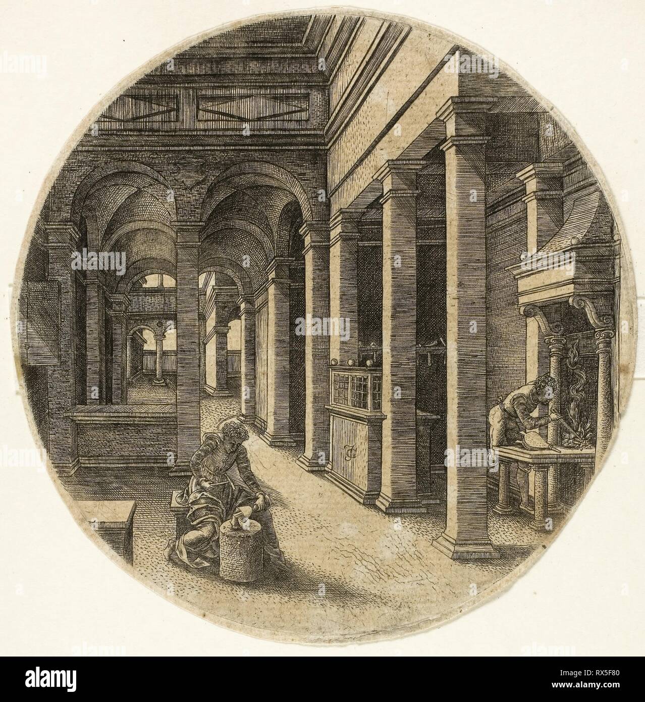 St. Eligius. Jean de Gourmont; Französisch, 1506-1551. Datum: 1526-1551. Abmessungen: 122 x 121 mm (Platte); 125 × 123 mm (Blatt). Gravur auf tan Bütten. Herkunft: Frankreich. Museum: Das Chicago Art Institute. Stockfoto
