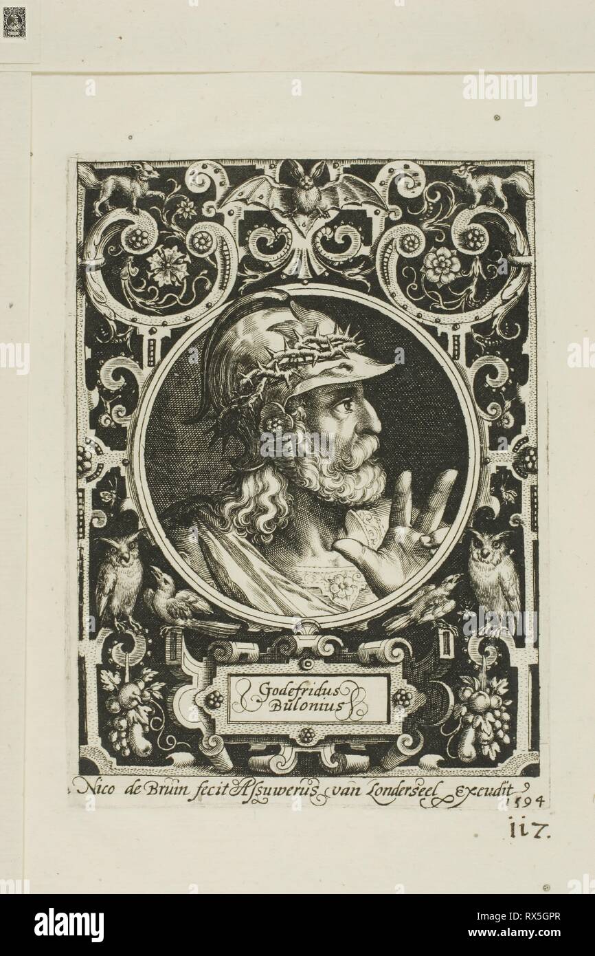 Gottfried von Bouillon, Platte neun von neun Glaubenshelden. Nicolaes de Bruyn (Flämisch, 1571-1656); veröffentlicht durch Assuerus van Londerseel (Flämisch, 1572-1635). Datum: 1594. Abmessungen: 116 × 87 mm (Bild); 124 × 91 mm (Platte); 175 × 141 mm (Blatt). Gravur in Schwarz auf Creme Bütten. Herkunft: Flandern. Museum: Das Chicago Art Institute. Stockfoto