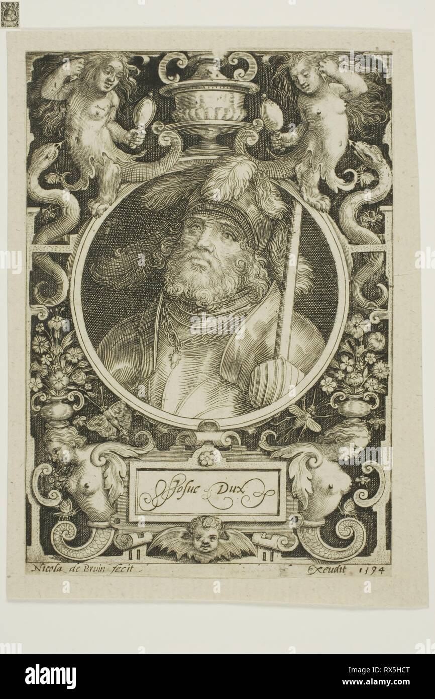 Joshua, Platte vier von neun Glaubenshelden. Nicolaes de Bruyn (Flämisch, 1571-1656); veröffentlicht durch Assuerus van Londerseel (Flämisch, 1572-1635). Datum: 1594. Abmessungen: 118 × 84,5 mm (Bild); 121 × 84,5 mm (Primary Support; Schnitt innerhalb der Platte); 133 × 98 mm (sekundäre) unterstützen. Gravur in Schwarz auf Creme Bütten, Trinkgeld zu Creme Bütten. Herkunft: Flandern. Museum: Das Chicago Art Institute. Stockfoto