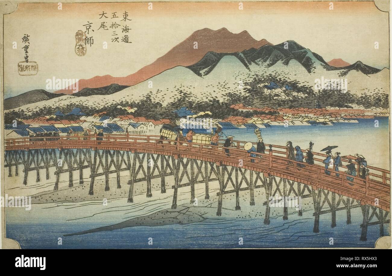 Kyoto: Die große Brücke an Sanjo (Keishi, Sanjo ohashi), aus der Serie "Dreiundfünfzig Stationen des Tokaido (Tokaido gojusan tsugi no Uchi), "auch als Hoeido Tokaido bekannt. Utagawa Hiroshige?? ??; Japanisch, 1797-1858. Datum: 1828-1839. Abmessungen: 23 x 35,5 cm (9 1/16 x 13 15/16 in.). Farbe holzschnitt; Oban. Herkunft: Japan. Museum: Das Chicago Art Institute. Stockfoto