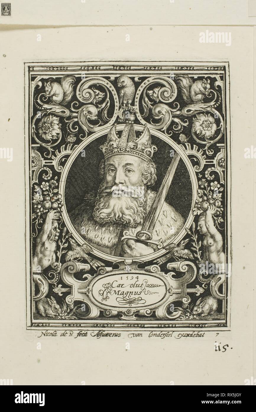 Karl der Große, Platte sieben von den neun Heiligen. Nicolaes de Bruyn (Flämisch, 1571-1656); veröffentlicht durch Assuerus van Londerseel (Flämisch, 1572-1635). Datum: 1594. Abmessungen: 118,5 x 91 mm (Bild); 123 × 92 mm (Platte); 180 × 149 mm (Blatt). Gravur in Schwarz auf Creme Bütten. Herkunft: Flandern. Museum: Das Chicago Art Institute. Stockfoto