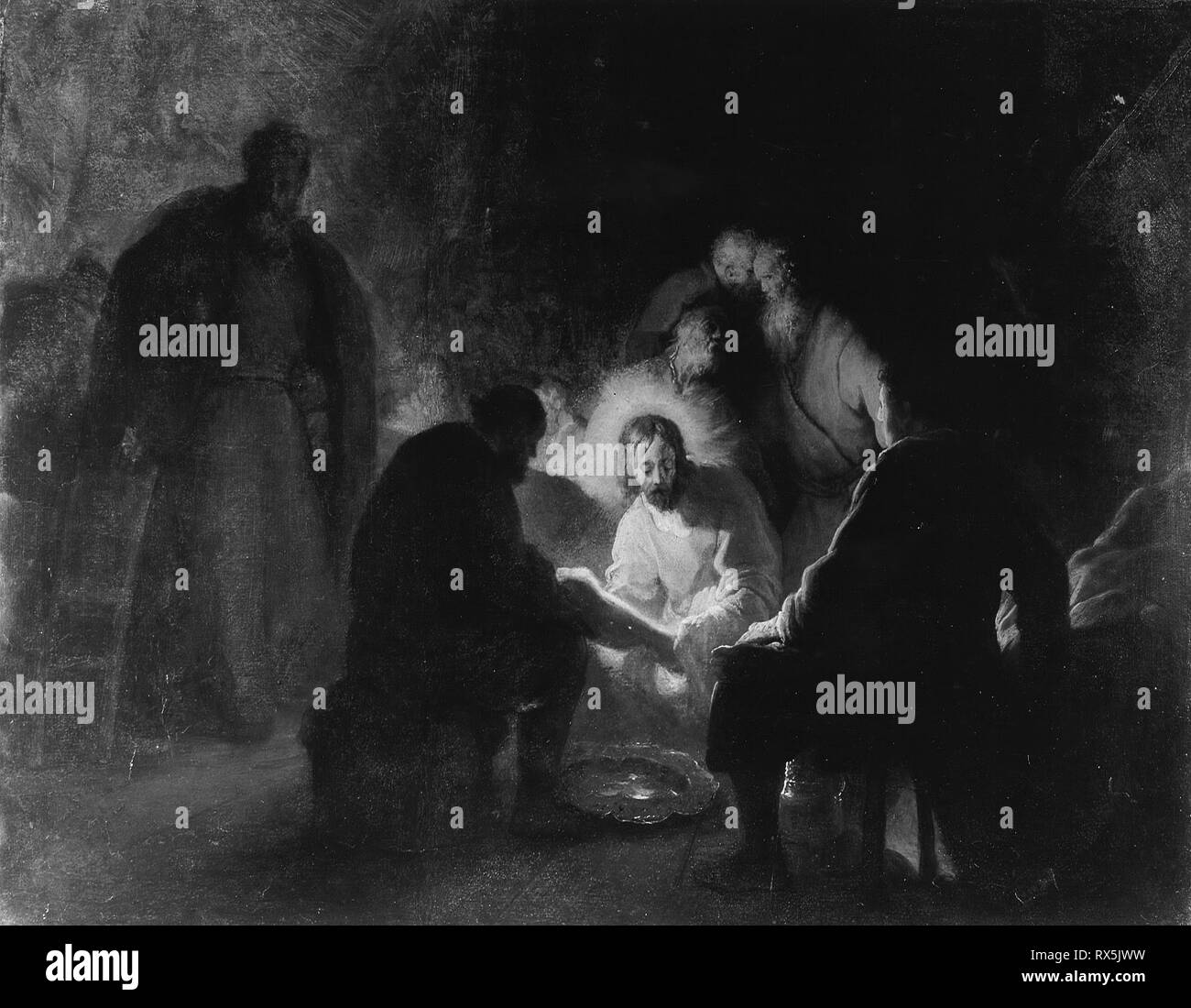 Christus den Jüngern die Füße zu waschen. Jan Lievens, zugeschrieben; Niederländisch, 1607-1674. Datum: 1620-1645. Abmessungen: 18 3/8 x 23 7/8 in. (46,8 x 60,6 cm). Öl auf Papier auf Holz montiert. Herkunft: Niederlande. Museum: Das Chicago Art Institute. Stockfoto